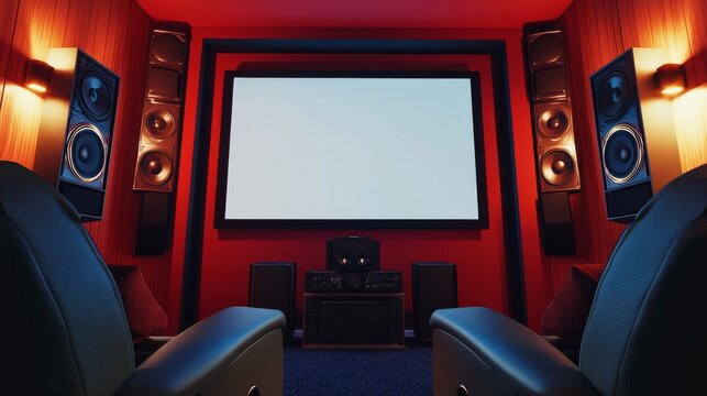 A stylish home theater with a large screen and sound system, Seating and media equipment arranged meticulously, Modern cinematic style