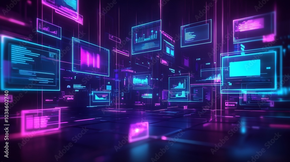 Poster futuristic digital interface with data screens in neon blue and pink lighting : generative ai