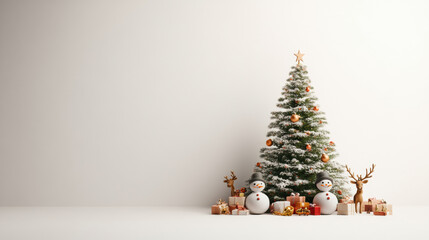 simple Christmas tree adorned with snowman dolls and gifts creates festive atmosphere