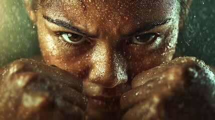 A woman is boxing with her hands in a fist. She has sweat on her face and is looking at the camera