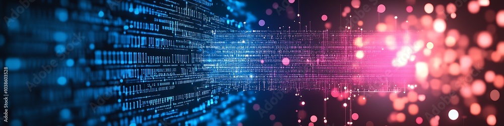 Fototapete futuristic digital data flow with glowing red and blue dots on a dark horizontal background : genera