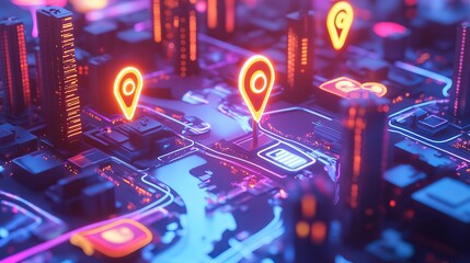 A vibrant digital cityscape with location markers and neon lights.