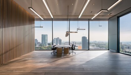 Modern office interior with wooden elements and pendant lighting, city view through windows, empty corporate space concept. 3D Rendering