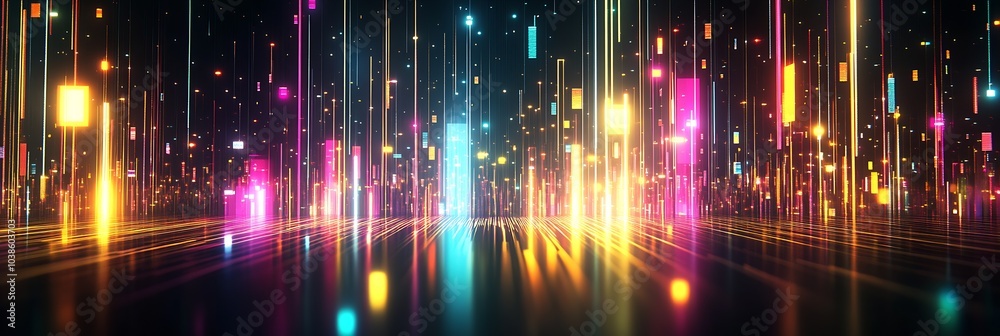 Aufkleber Abstract Digital Light Patterns with Bright Neon Squares and Lines in a Futuristic Space : Generative AI