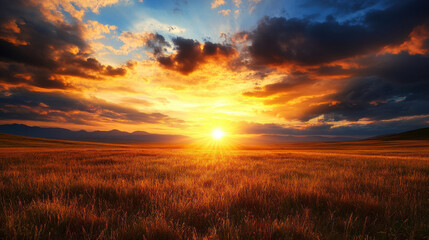 Fototapeta premium stunning sunset over peaceful countryside, with warm sunlight fading into horizon