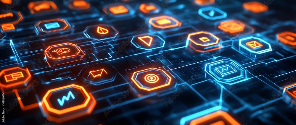 Fototapete Futuristic Neon UI Hexagonal Icons on Digital Cyber Background : Generative AI