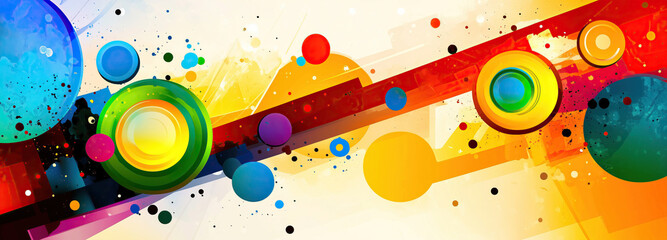 Obraz premium This artwork showcases a lively arrangement of colorful circles and bold lines against a bright pattern background, evoking a sense of motion and creativity