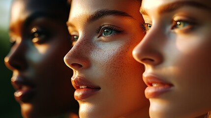 Serene Beauty of Three Women with Freckles and Smooth Skin in Warm Sunset Glow : Generative AI