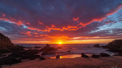 Breathtaking sunset view from beach with warm sun dipping below horizon
