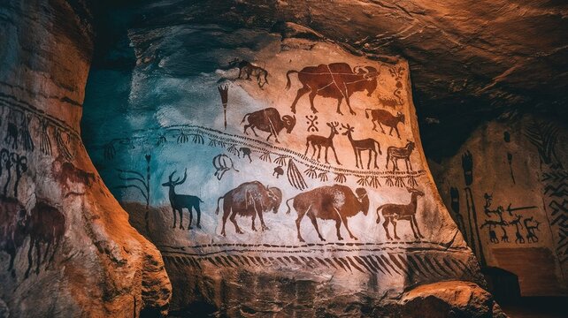 Ancient cave paintings depicting wildlife and hunting scenes illuminated in a prehistoric context
