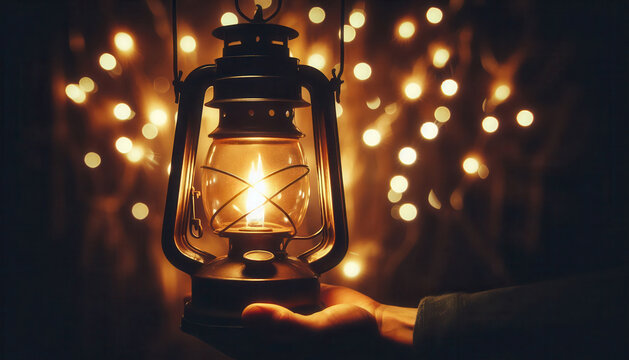 hand holding an old lantern in a dark environment