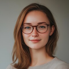 Fototapeta premium A serene young woman, wearing glasses, radiates poise and intelligence, embodying modern-day wisdom and calmness.