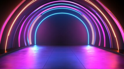 A moody, empty stage scene with a dark, abstract background. Neon lights cast a soft glow, creating a mysterious atmosphere with shadows and reflections. 