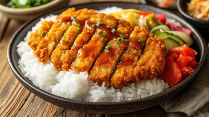 Fototapeta premium Crispy Chicken Dish with Rice and Colorful Vegetables