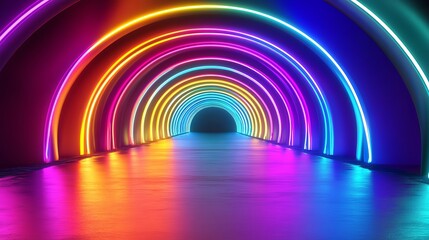 A vibrant light neon tunnel with glowing neon lights forming an abstract, futuristic background. The tunnel is illuminated with vivid neon colors, creating a sense of depth and motion
