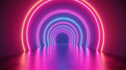 A vibrant light neon tunnel with glowing neon lights forming an abstract, futuristic background. The tunnel is illuminated with vivid neon colors, creating a sense of depth and motion