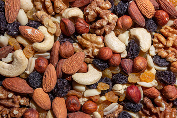Mixed Nuts: Almonds, Walnuts, Cashews, Peanuts, Hazelnuts, Dried Prunes and Raisins. Different Nut Mix. Background from Various Nuts and Dried Fruits