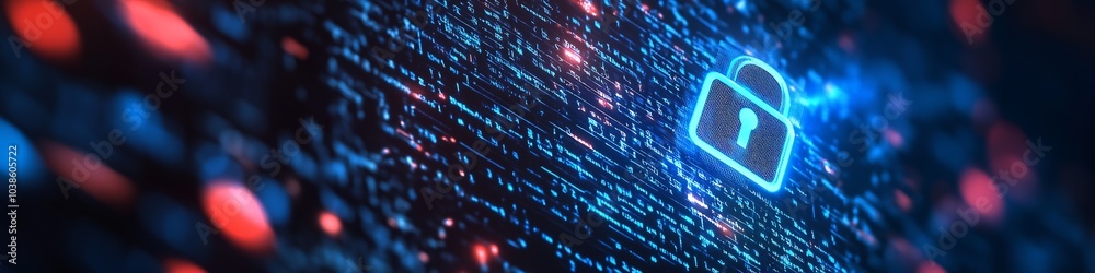 Aufkleber Cyber Security Visualization with Glowing Blue Lock and Digital Data : Generative AI