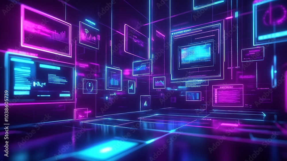 Poster High-Tech Digital Environment with Neon Blue and Pink Interactive Data Panels : Generative AI
