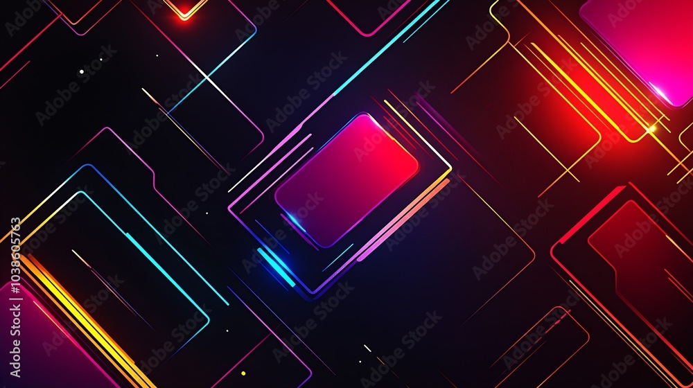 Poster Colorful Neon Rectangular Paths and Squares on Dark Backdrop Vibrant Abstract Digital Design : Generative AI