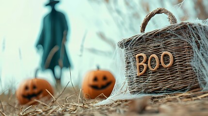 A spooky Halloween scene featuring a wicker basket labeled "Boo," two carved pumpkins, and a shadowy figure in the background.