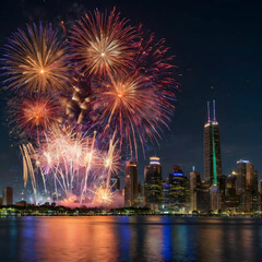 Fototapeta premium A stunning city skyline adorned with vibrant fireworks