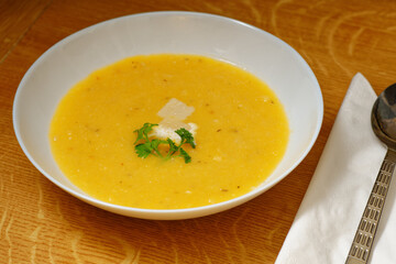 Pumpkin soup on plate