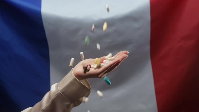 Pills Falling On Female Hand On french Flag Background. Expensive medication, pharmaceutical business. Pharmacy theme. Multicolored drugs and capsules in France