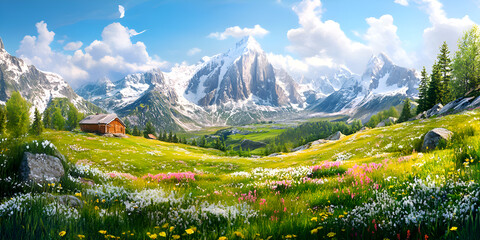 Obraz premium Picturesque mountain valley with traditional cottages, vibrant wildflower meadows, crystal-clear lake, and majestic alpine peaks under a bright blue sky, evoking tranquility and natural beauty