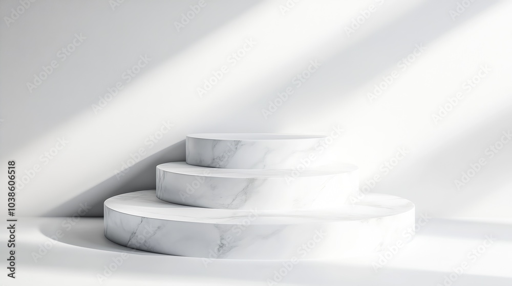 Poster Marble Tiered Platforms with Sunlit Shadows in Soft Minimalism : Generative AI