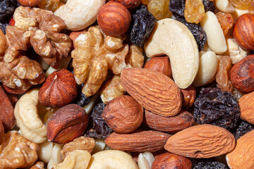 Mixed Nuts: Almonds, Walnuts, Cashews, Peanuts, Hazelnuts, Dried Prunes and Raisins. Different Nut Mix. Background from Various Nuts and Dried Fruits