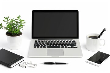A clean work desk setup with a laptop, notepad, and pen holder isolated on a white background