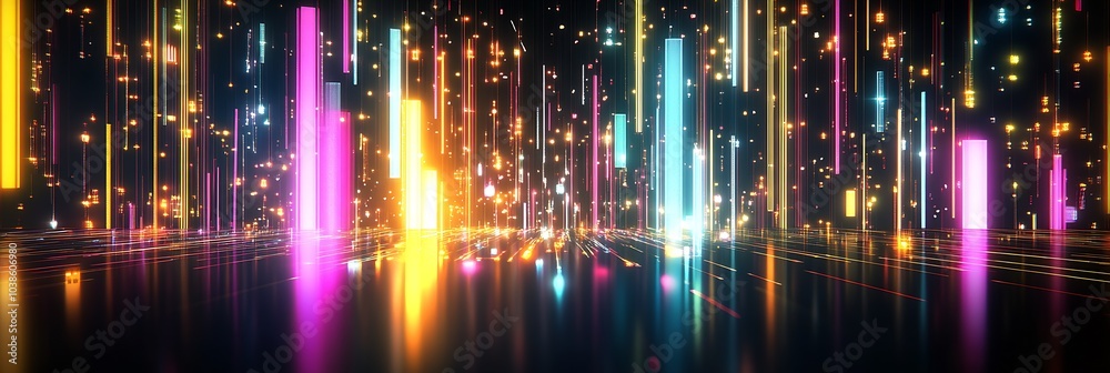 Aufkleber dynamic neon light show with moving bars and sparkles on a reflective surface : generative ai