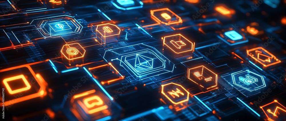 Fototapete futuristic glowing interface with neon icons on digital tech grid : generative ai