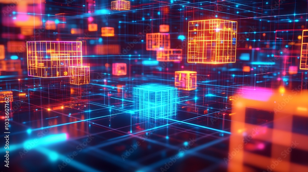 Fototapete Futuristic Cube Grid with Neon Lights in Virtual Reality Concept : Generative AI