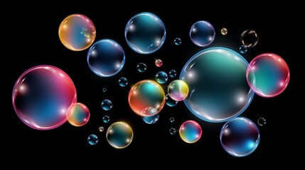 Vibrant Soap Bubbles Floating Against Dark Backdrop
