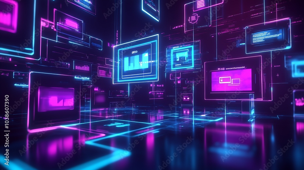 Aufkleber Futuristic Digital Display with Neon Glowing Holographic Interface for Technology Concepts : Generative AI
