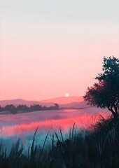 Obraz premium Serene Landscape Sunset Over Meadow Mountains Silhouette Nature Tranquility Colors Reflection