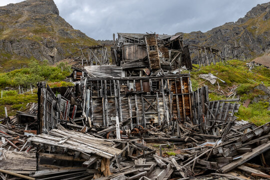 Dilapidated old wooden mining building