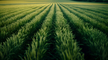 Close-up view of rows of green wheat fields at sunrise, symmetrical pattern showcasing agricultural beauty, calm and serene rural landscape, symbolizing growth, nature's abundance, and fertile land