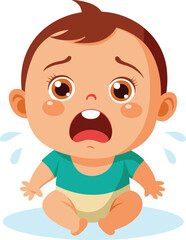 Tiny Tears: A sweet baby boy with big brown eyes cries with tears streaming down his cheeks, capturing the raw emotion of a little one's distress.  