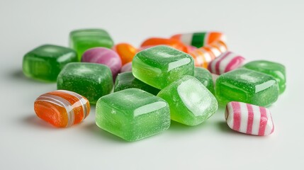 A pile of green, hard mint candies on a white background. There are also some colorful lozenges in the group.