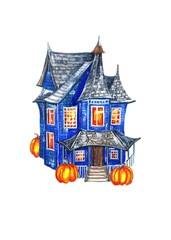 Naklejka premium halloween background. Watercolor Halloween blue rustic house with pumpkins around on white background