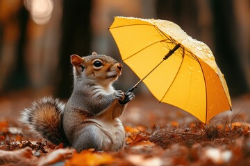 Squirrel with a tiny yellow umbrella in a colorful autumn forest. Generative AI