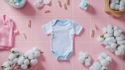 A pink tiled surface with laundry detergent, clothespins, a baby onesie, and cotton flowers.