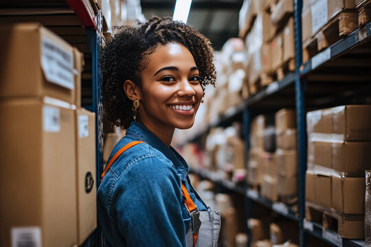 A cheerful warehouse worker smiling in a storage aisle surrounded by stacked boxes giving a positive and industrious atmosphere
