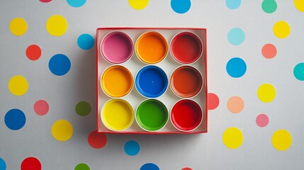 A colorful children’s paint box filled with bold primary colors, isolated on a clean grey backdrop with playful polka dots scattered around