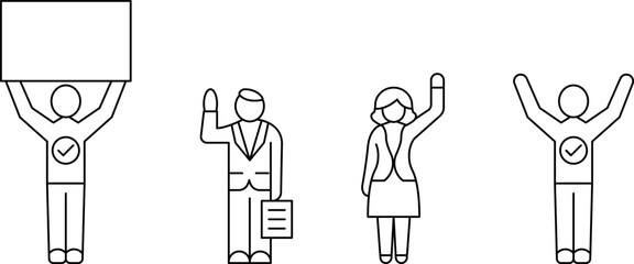 Simple icons representing voting concepts with people, designed in a clean line outline style.