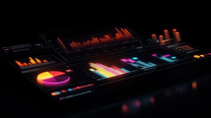 3D digital bar graph and pie charts with data analytics on a dark background, representing financial analysis, marketing trends, or business statistics.