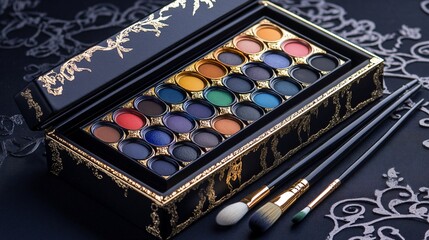 A compact, portable paint box with watercolor paints, brushes laid beside, isolated on a matte...